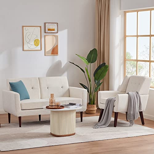 HUIMO Living Room Sofa Set 2 Piece, 58” Loveseat Small Couch and Comfy Accent Chair, Solid Wood Leg, Mid Century Modern Sofas Furniture for Bedroom, Office, Small Space, Apartment (Ivory Set)