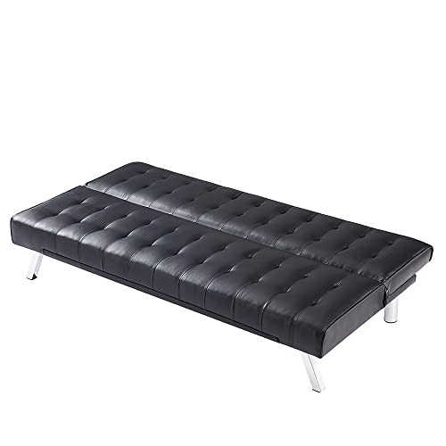 Black PU Sofa Bed, Modern Faux Leather Couch, Convertible Folding Sofa Bed