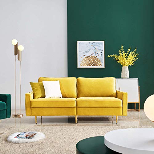 Rhomtree Mid Century Sofa Velvet Fabric Upholster Couch 71” Modern Futon Bench Loveseat Living Room Sofa with 2 Throw Pillows (Yellow)
