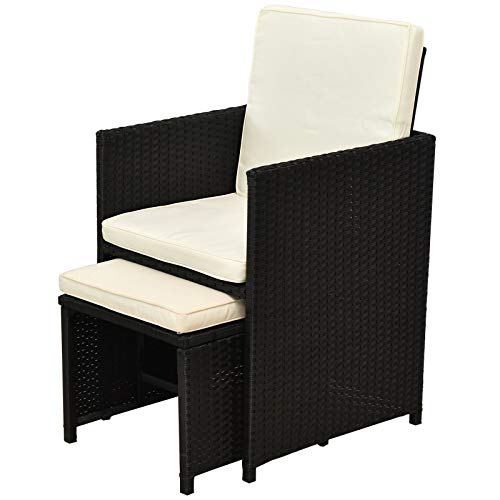 Outsunny 9 PCS Patio Dining Set Rattan Wicker Furniture Set w/Space Saving Chairs, Glass Top Table with Soft Cushion, Black