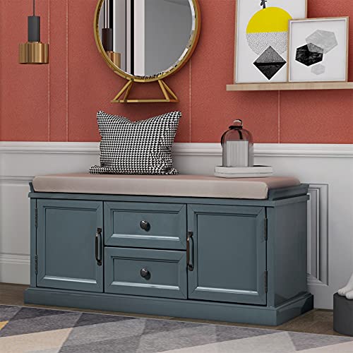 Harper & Bright Designs Wooden Storage Bench with 2 Drawers and 2 cabinets, Fully Assembled Shoe Bench with Removable Cushion for Living Room, Bedroom, Entryway, Hallway, Blue
