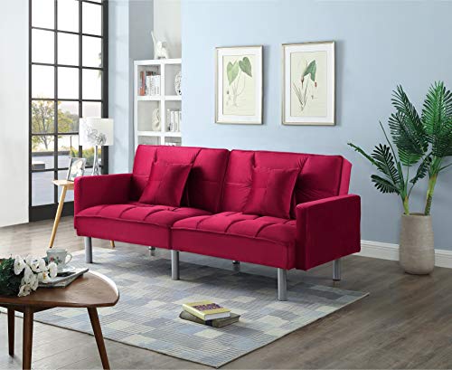 Legend Furniture Velvet Sofa Bed Sleeper with Pillow Sofabed, Small Parcel, Red