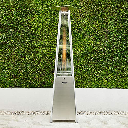 BELLEZE 45,000 BTU Gas Outdoor Pyramid Patio Heater with Tall Dancing Flame, Piezo Ignition System and Wheels for Smooth Mobility and LP Propane Heat CSA Certified - Stainless Steel