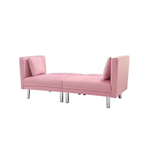 Futon Sofa, Loveseat Sofa, Convertible Sleeper Pink Velvet, with Metal Legs and Detachable Armrests