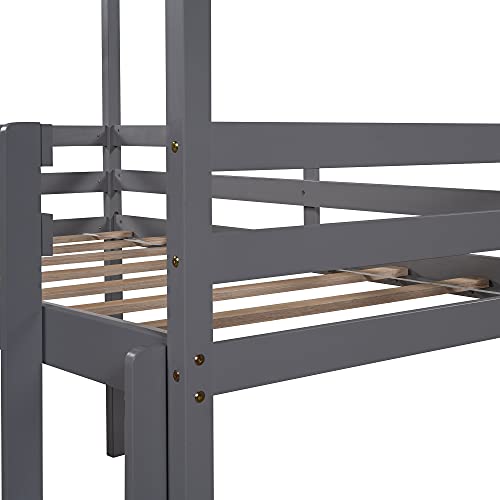 Twin Size Loft Bed with Slide, Wooden House Bed, Kids Loft Bed Frame with Roof and Guardrail for Child, Teens, Girls, Boys (Gray)
