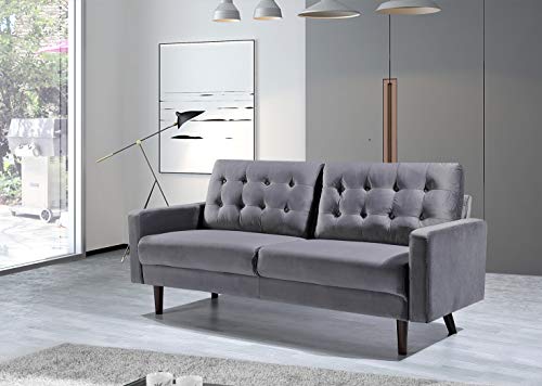 Container Furniture Direct Celestina Mid Century Modern Velvet Upholstered Living Room Sofa Set, 2 Piece, Grey