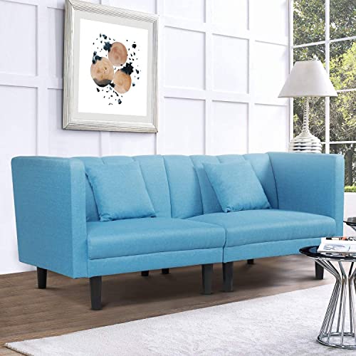 Recaceik Futon, Convertible Sleeper Linen Fabric Sectional Sofa Couch Bed w/2 Pillows and Armrests Sturdy Legs, Modern Love Seats for Living Room, Apartment, Office, Sky Bule