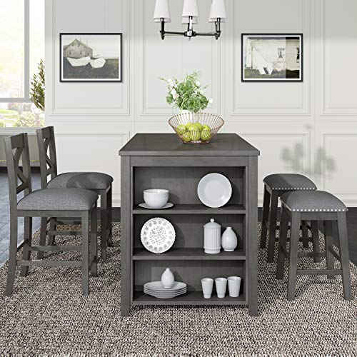 5 Pieces Counter Height Wooden Bar Table Set with 3-Tier Shelf, 2 stools and 2 Chairs, Rustic Farmhouse Dining Table Set for 4, Gray