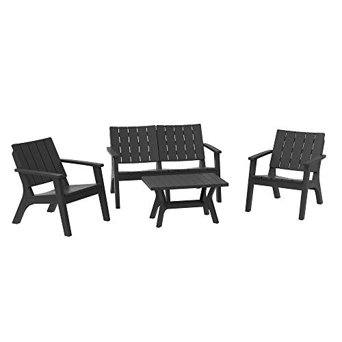 Outsunny 4-Piece Outdoor Patio Conversation Set Garden Furniture Set with Weather-Fighting PP Materials, Adirondack Comfort, & Coffee Table, Black