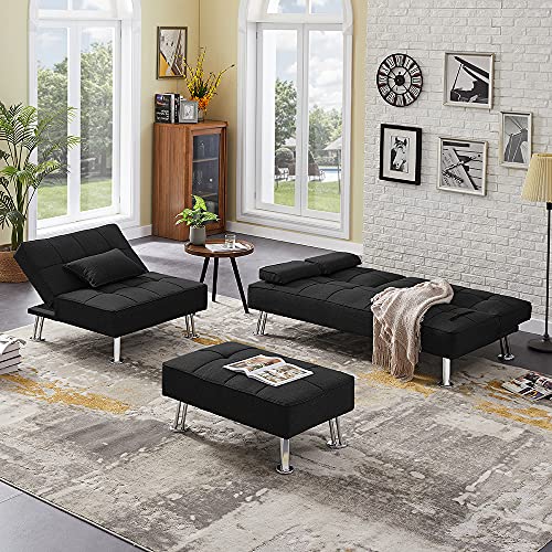 Polibi 3-Piece Black Fabric Sofa Couch Set, Convertible Folding Sofa Bed with Two Cup Holders, Single Sofa Bed with Ottoman, Removable Armrest and Metal Legs