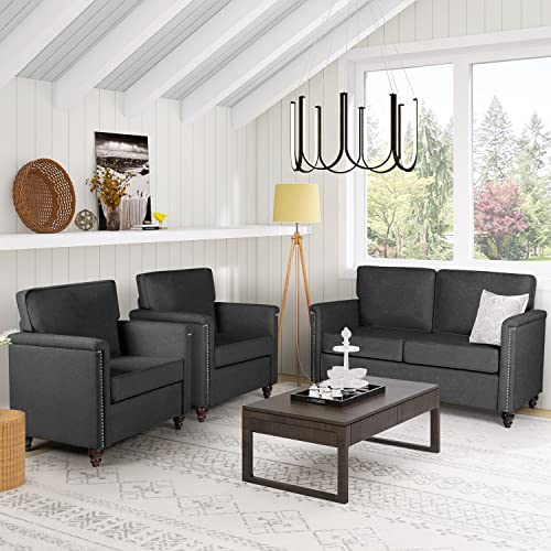 TYBOATLE Upholstered Traditional Chesterfield Living Room Furniture Sectional Sofa Set 3 Pieces, Fabric Loveseats Couches and 1 Accent Arm Chairs with/Scrolled Arms for Small Space, Office (Grey)