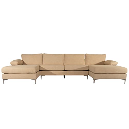 Casa Andrea Milano Modern Large Tweed Fabric U-Shape Sectional Sofa, Double Extra Wide Chaise Lounge Couch, Beige