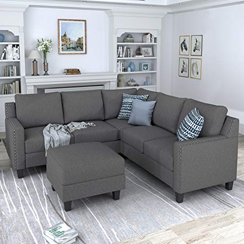 MERITLINE Sectioanl Sofa with Ottoman, Fabric L-Shaped Sectioanl Sofa Living Room Couch Set of 4 (Nail Trim-Grey)
