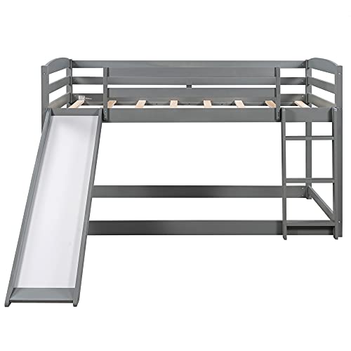 Twin Bunk Beds with Slide for Kids, Low Profile Bunk Beds with Ladder, Ladder and Slide can be Put on Both Side(Grey, Twin Bunk Beds (Slide+Ladder))