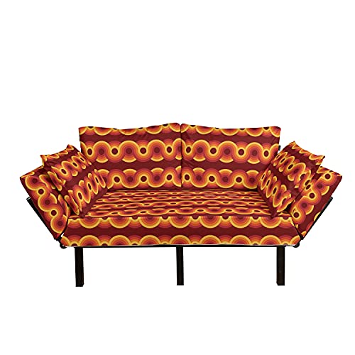 Lunarable Geometric Futon Couch, Circle Shaped Overlapping Round Forms Gradient Retro Pop Art Graphic Print, Daybed with Metal Frame Upholstered Sofa for Living Dorm, Loveseat, Burgundy Yellow