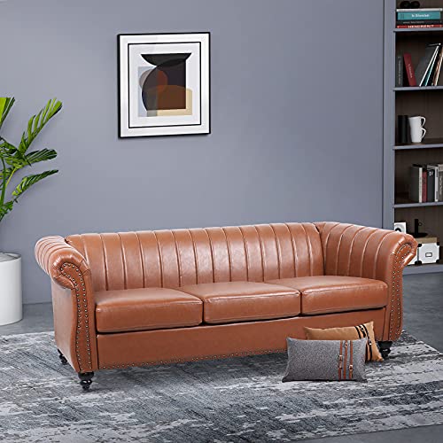 Chesterfield PU Leather Sofa Couch, Living Room Rolled Arm Three Seater Sofa