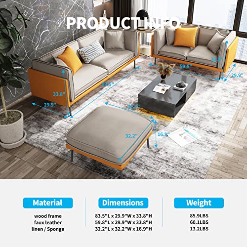 Mjkone 3 Pieces Secional Sofa Set, Modern Faux Leather and Linen Fabric Uphostered Combined Design, Living Room Furnitue (Loveseat + 3 Seater + Ottoman Orange)