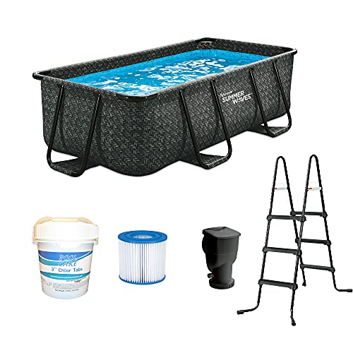 Summer Waves P41005321 10-Foot Dark Herringbone Print Metal Frame Rectangular Above Ground Swimming Pool w/Ladder & Qualco 10 Pound Chlorine Tab Kit