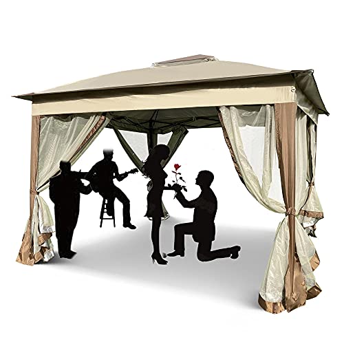 11'x11'Pop-Up Gazebo Tent Canopy Removable Zipper Mesh Screen Outdoor Double Layer Soft Top Gazebo Foldable Canopy Shelter Sunshade for Lawn Backyard and Deck Patio With 121 Square Feet Of Shade-Brown