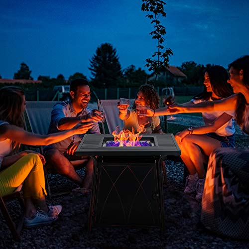 PHI VILLA Gas Fire Pit Table, 28 Inch Square Outdoor Patio Propane 50000 BTU Fire Pit Table with Lid and Blue Fire Glass