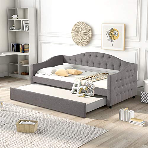 Twin Size Upholstered Daybed with Trundle, Upholstered Daybed with Padded Back, Gray