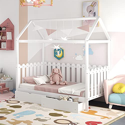 Daybed with Drawers Wood Toddler House Beach Bed Frame for Kids Twin Size Tent Bed Floor Bed, White