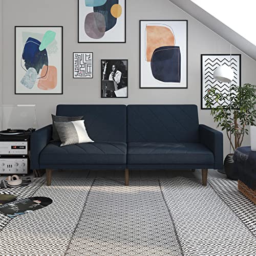 DHP Paxson Convertible Futon Couch Bed with Linen Upholstery and Wood Legs - Navy Blue