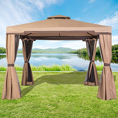 Incbruce Outdoor Patio 10x10 Gazebo, Vented Polyester Fabric Steel Canopy Tent with Mosquito Netting - Brown
