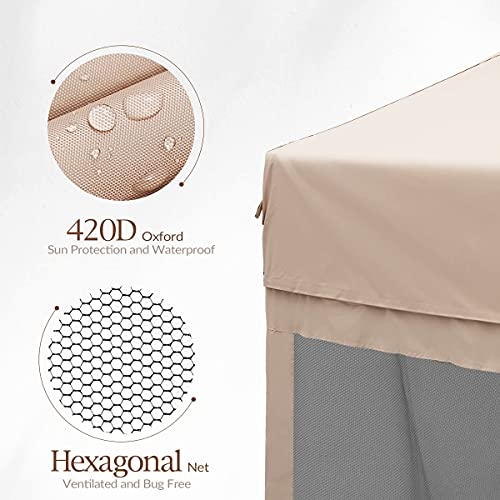 Quictent 13’ X 13’ Hexagonal Gazebo with Solar Powered LED Lights Pop up Canopy Tent with Mosquito Net ,Easy up Screened Canopy Gazebo, Beige