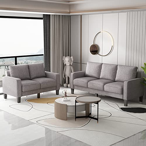 Sofa and Loveseat Set, Tomkate 2 Piece Living Room Furniture Set Linen Fabric 3 Seater Couch and 2 Seater Loveseat Set for Living Room and Bedroom (Light Grey)
