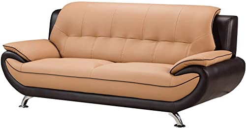 American Eagle Furniture Highland Mid Century Modern Leather Upholstered Living Room Sofa, Yellow/Brown