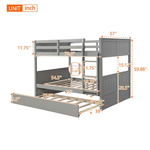 Full Over Full Bunk Bed for Kids Teens, Detachable Wood Full Bunk Bed Frame with Twin Trundle (Grey, Full Over Full)
