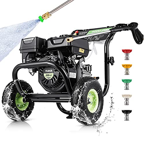 TEANDE 4200PSI 3 GPM Gas Pressure Washer,209cc Power Washer with 5 Adjustable Nozzles, Dual soap Tank and 20'Hose,Best for Cleaning Cars Houses Driveways Fences Patios Garden