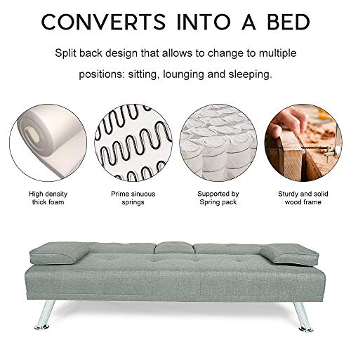 Hooseng Frabic Convertible Futon Sofa Bed 2 Cupholders with Armrest & Fold Up & Down Recliner Couch with Cup Holders, Gray