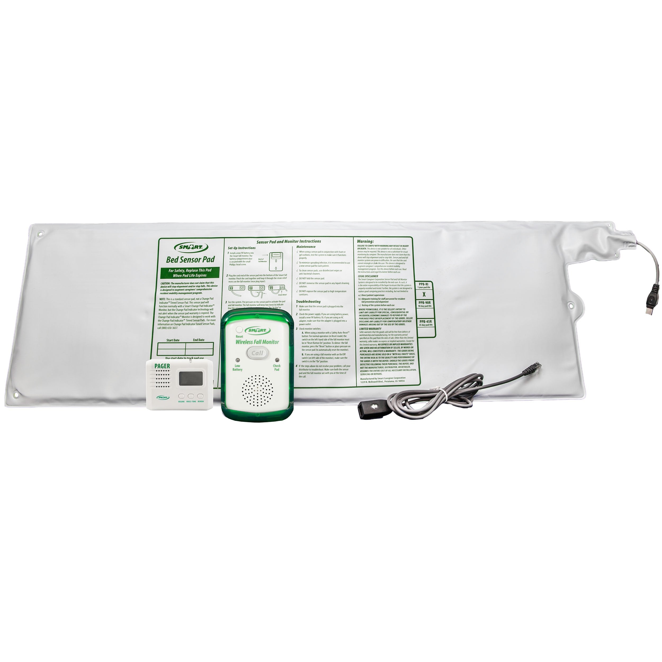 Smart Caregiver Wireless Fall Monitor with Corded Bed Weight-Sensing Pad & LCD Pager System
