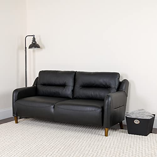 Flash Furniture Newton Hill Upholstered Bustle Back Sofa in Black LeatherSoft