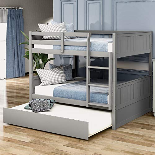 Full Over Full Bunk Bed for Kids Teens, Detachable Wood Full Bunk Bed Frame with Twin Trundle (Grey, Full Over Full)