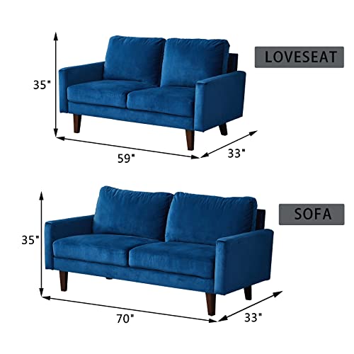 INSTORY Modern Velvet Sofa Tufted Couch Upholstered Loveseat with Armrest & Wooden Legs for Living Room,Bedroom,Study,Playroom,Apartment,Dorm - Prussian Blue