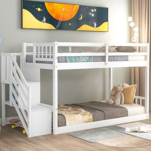 Harper & Bright Designs Low Bunk Beds for Kids and Toddlers,Bunk Bed Twin Over Twin Size ,Wood Twin Bunk Beds ,Floor Bunk Beds with Storage Shelf and Stairs ,White