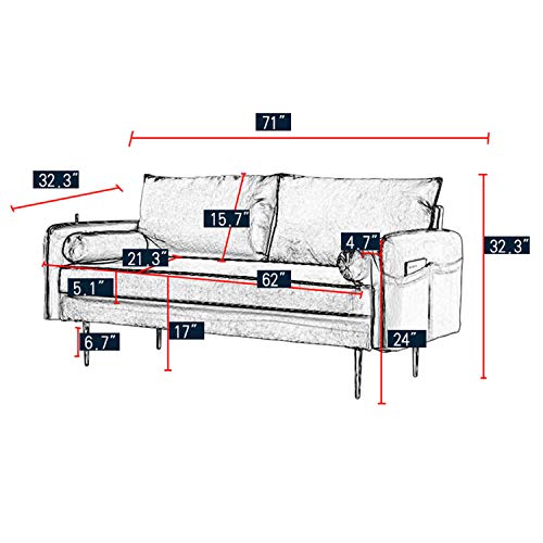 Pink Velvet Fabric Sofa Couch,JULYFOX 71 inch Wide Mid Century Modern Living Room Couch with Side Storage Fashion Golden Legs for Small Spaces