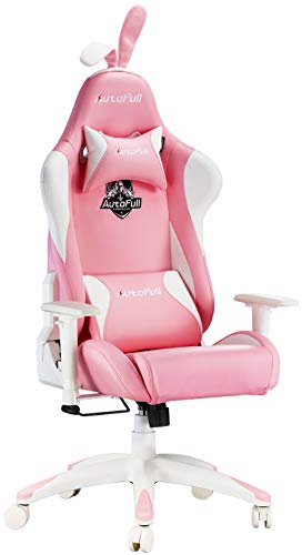 AutoFull Pink Gaming Chair PU Leather High Back Ergonomic Racing Office Desk Computer Chairs with Lumbar Support, Rabbit Ears