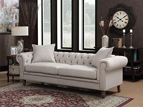 AC Pacific Juliet Contemporary Fabric Upholstered Button Tufted Living Room Chesterfield Sofa, Ivory