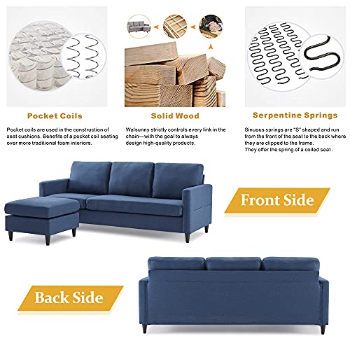 Merax Reversible Sectional Sofa with Handy Side Pocket，Living Room L-Shape 3-Seater Couch with Modern Linen Fabric Sofabed, Blue