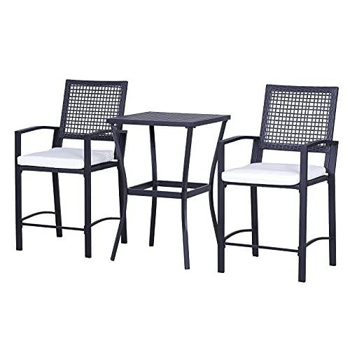 Outsunny Patio Bar Set with 3 PCS, Rattan Wicker Furniture Set with Soft Cushion for Poolside, Backyard, Garden, Lawn, Porches
