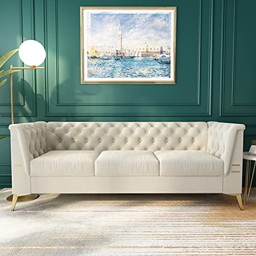 Garhelper Mid-Century Channel Tufted Velvet Sofa Couch,Traditional Chesterfield Sectional Barrel Curved Sofa,3 Seat Button Tufed Lovesest with Scroll Arms and Gold Metal Legs for Living Room Bedroom