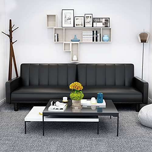Futon Sofa Bed, Convertible Folding Faux Leather Sleeper Sofa, Living Room Couch Furniture with Square Arms and Pillow,for Compact Living Space, Apartments, Extra Beds, Overnight Guests.Earth Black