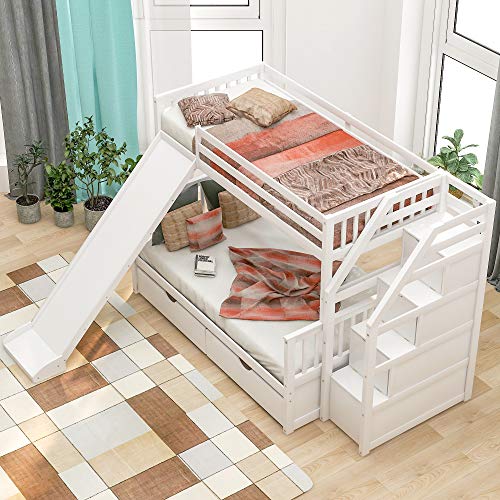 Twin Over Full Bunk Bed with Slide, Twin Over Full Bunk Bed with Storage Drawers and Stairscase, Wood Bunk Bed Frame with Guardrails for Kids Boys Girls Teens Adults, No Box Spring Needed, White