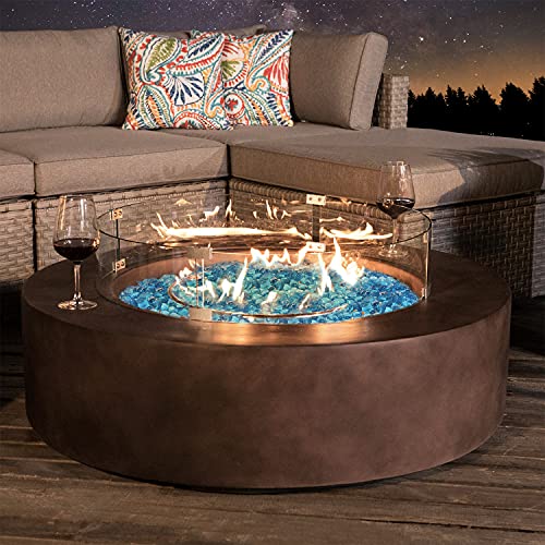 COSIEST Outdoor Propane Fire Pit Coffee Table w Dark Bronze 42-inch Round Base Patio Heater, 50,000 BTU Stainless Steel Burner, Wind Guard, Aqua Blue Fire Glass, Waterproof Cover