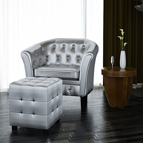 Tub Chair and Stool Set Faux Leather Ergonomic Design Sofa Chair with Footrest Modern Style Armchair Furniture Set for Living Room Lounge Bedroom 27.4