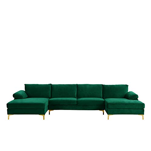 Casa Andrea Milano llc Modern Large Velvet Fabric Sectional Sofa Couch with Extra Wide Chaise Lounge with Golden Legs, U Shaped, Green